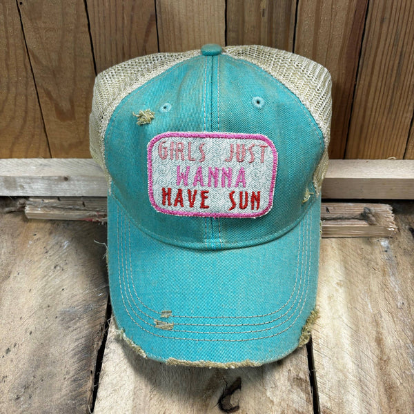 “Girls Just Wanna Have Sun” Distressed Cap