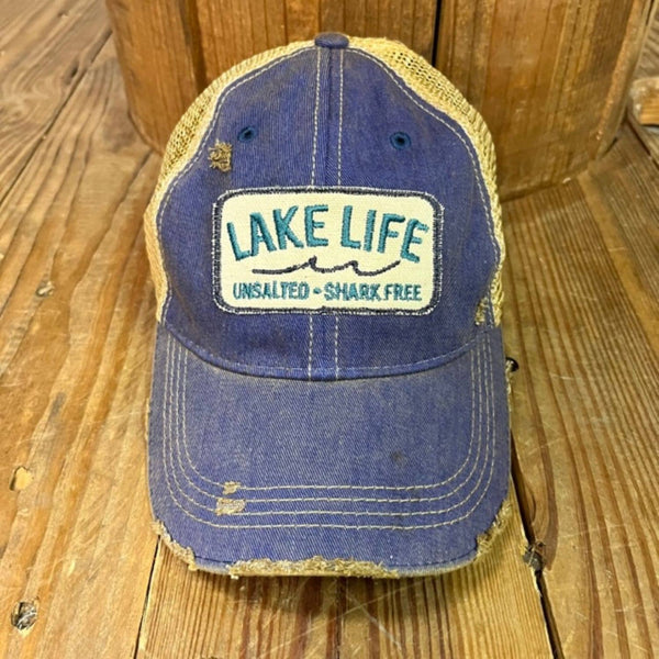 "Lake Life- Unsalted-Shark Free" Unisex Distressed Hat