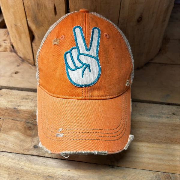 Peace Sign - Fingers Design Distressed Cap