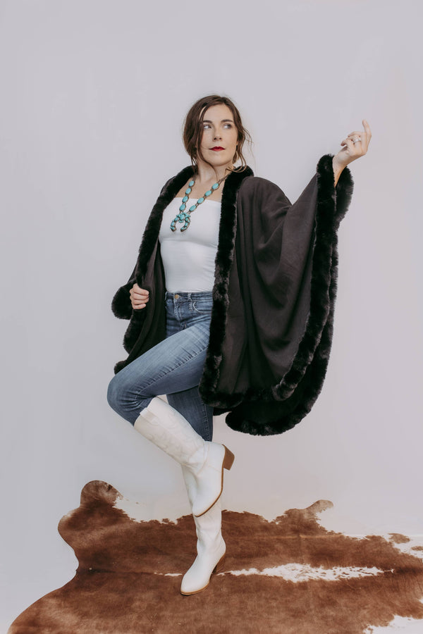 Black Faux Fur Trim Poncho (CLEARANCE)