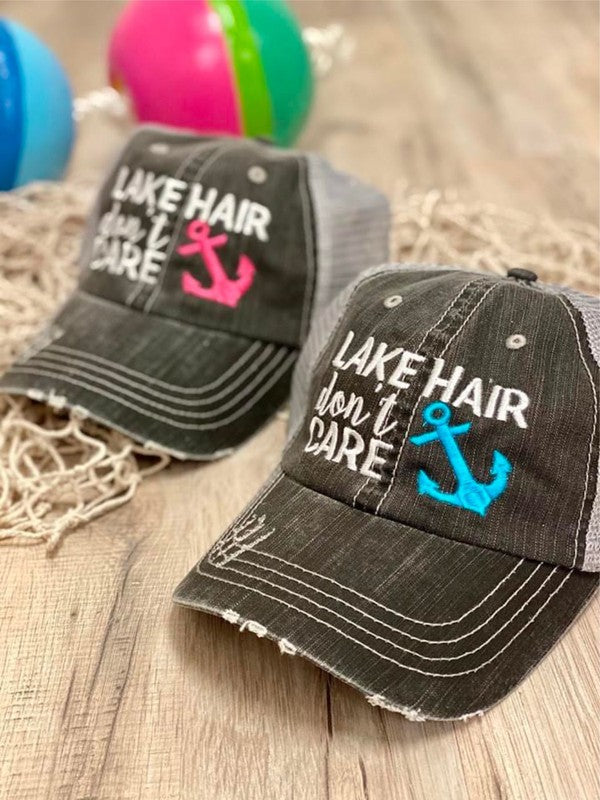 "Lake Hair Don't Care" Blue Anchor Trucker Hat