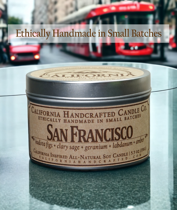 San Francisco in a travel candle tin, glass jar, wax melts or oil diffuser.  San Francisco Scents: FLAVOR PROFILE  Kadota Figs + Clary Sage + Geranium + Labdanum + Amber