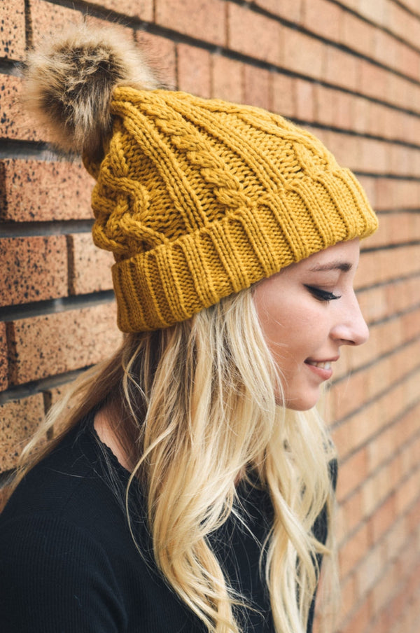 Soft Cable Knit Beanie with Faux Fur Pom