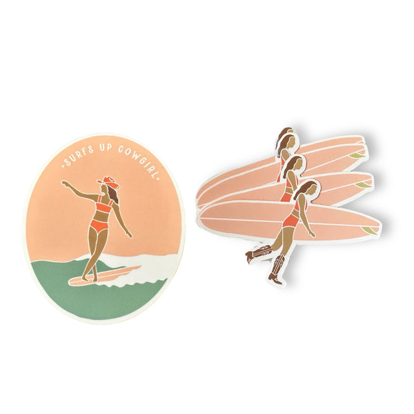 Surf Cowgirl Vinyl Stickers - Pink, Green & “Surf’s Up Cowgirl”