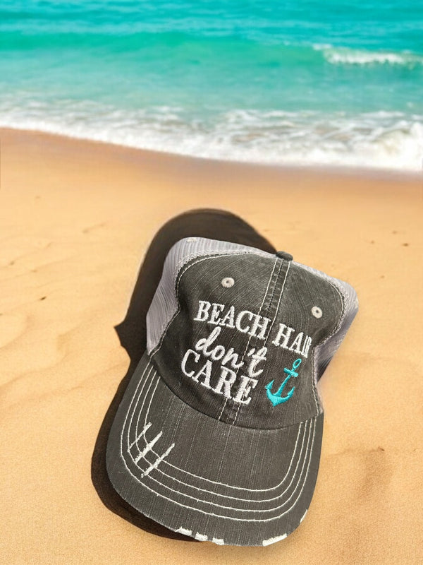 “Beach Hair Don’t Care” (Flip Flops or Anchor) Distressed Cap