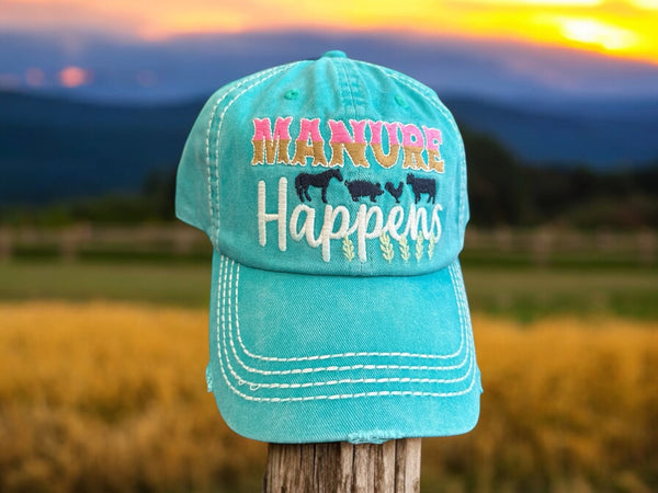 “Manure Happens” Embroidered Unisex Cap- Turquoise or Black Unisex Hat