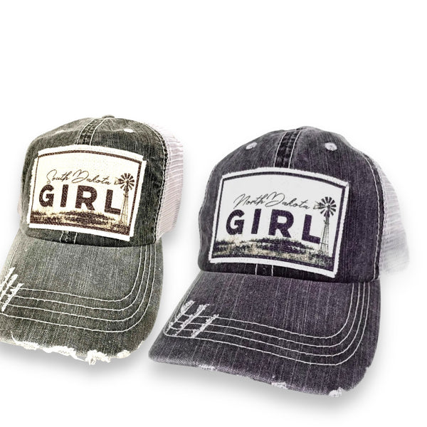 North or South Dakota Girl Distressed Trucker Caps (Variety of Colors)