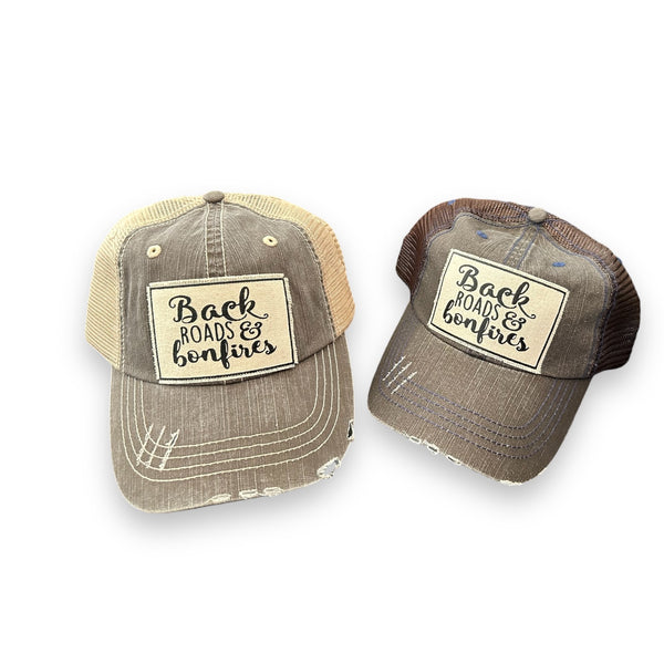 “Back Roads & Bonfires” Distressed Trucker Cap