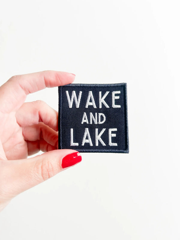 "Wake and Lake "Navy Blue Embroidered Iron On Patch