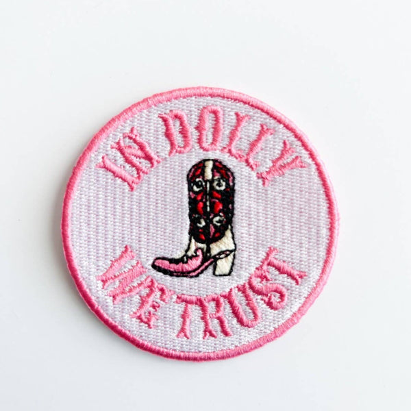 "In Dolly We Trust" White Embroidered Iron-On Patch Cowgirl