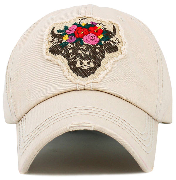 Fluffy Floral Cow Vintage Ball Cap (Black) (CLEARANCE))