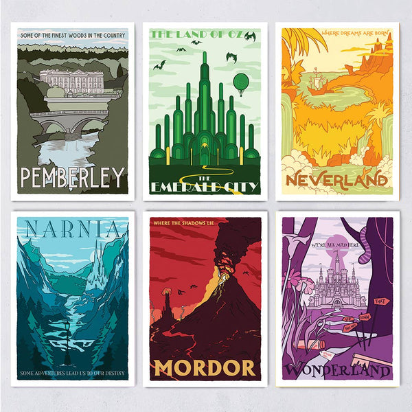 Fictional Travel Postcard Set - Twelve Pack (Mordor, Neverland, Emerald City)