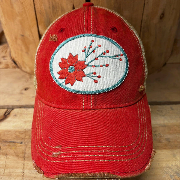 Winter Flower Poinsettia Distressed Cap