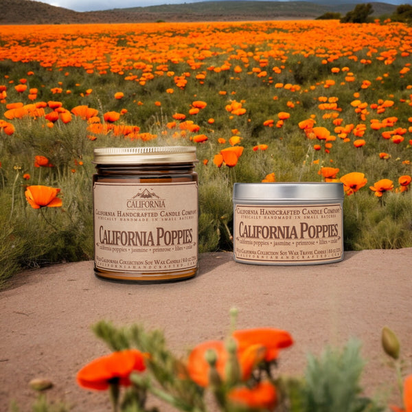 California Poppies All-Natural Soy Wax Artisan Candle - Amber Jar or Travel Tin