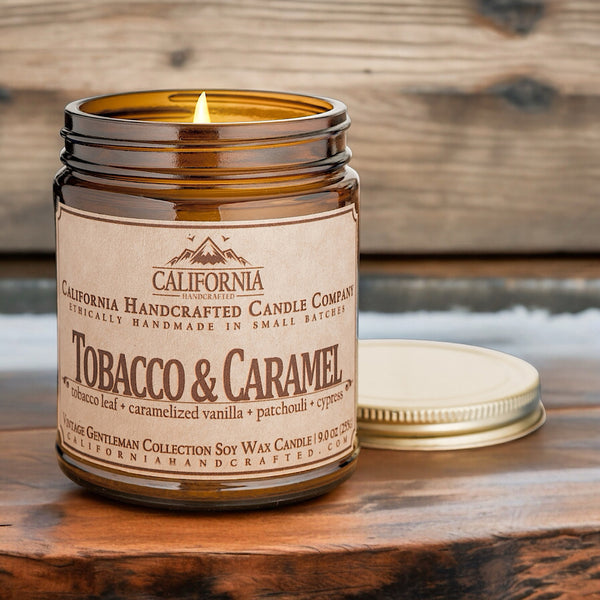 Tobacco & Caramel All-Natural Soy Wax Artisan Candle - Amber Jar or Travel Tin