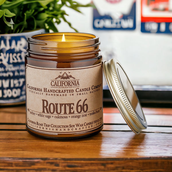 Route 66 All Natural Soy Wax Artisan Candle - Amber Jar or Travel Tin