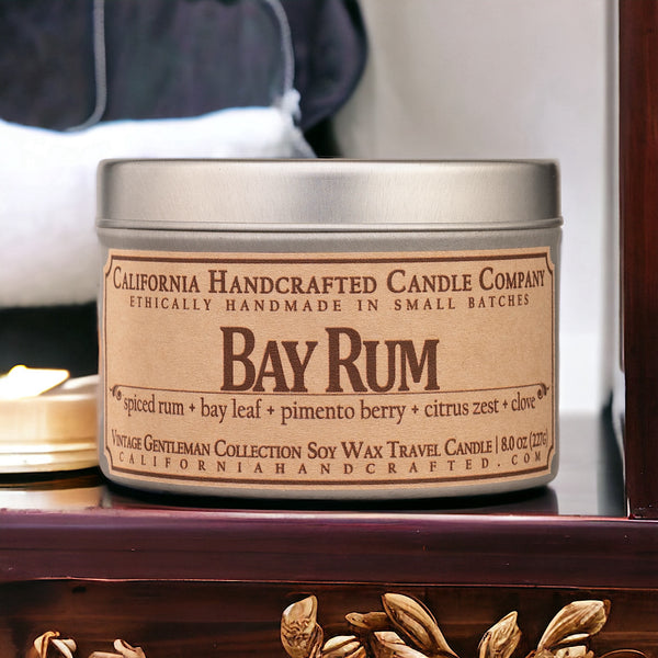 Bay Rum Scented Soy Wax Artisan Candle - Travel Tin or Amber Jar