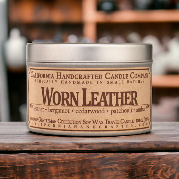 Worn Leather All-Natural Soy Wax Artisan Candle - Amber Jar or Travel Tin