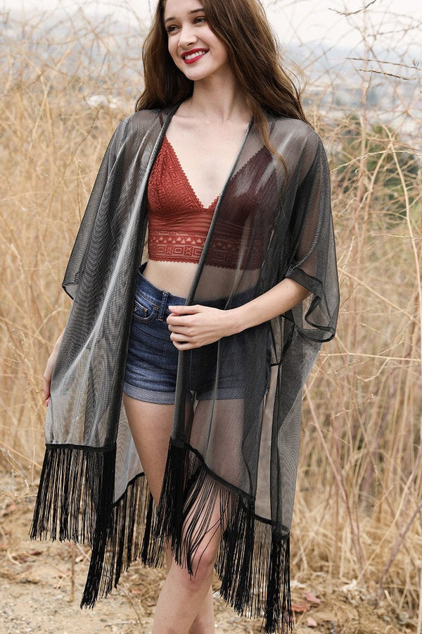 Sheer Metallic Tassel Kimono Ponchos Black/Silver