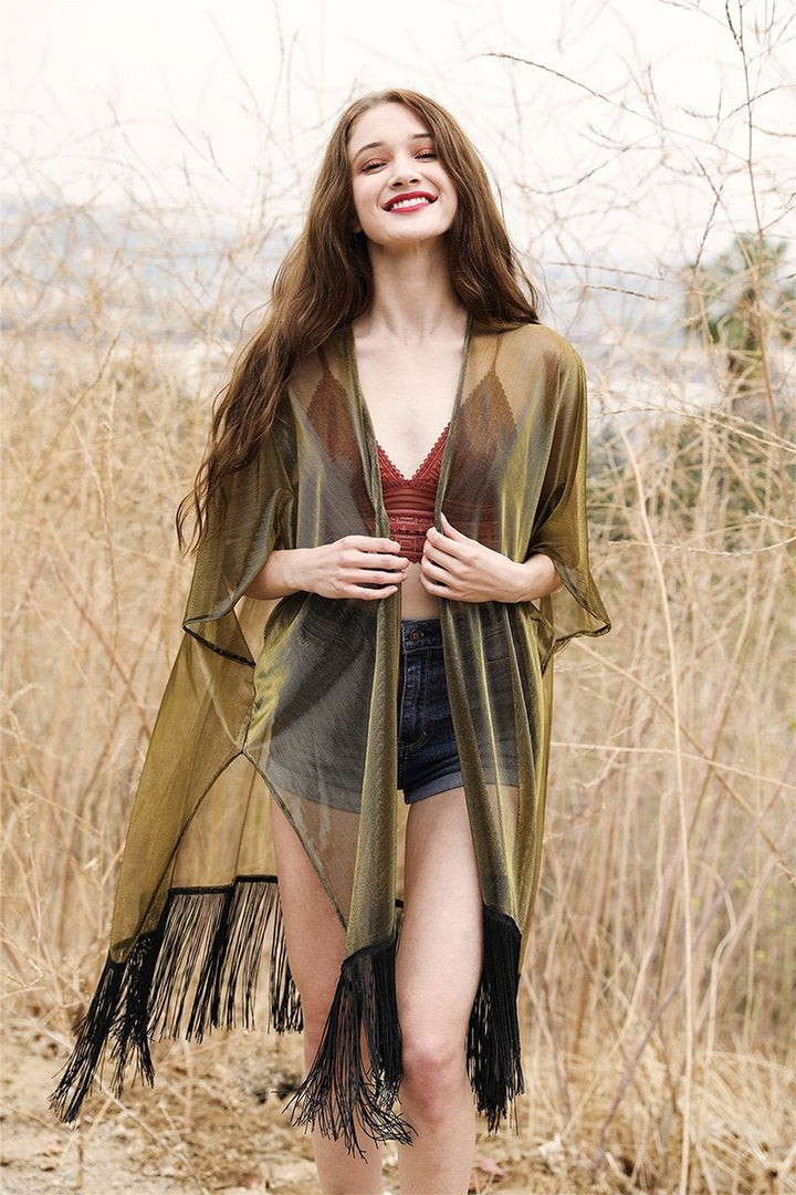 Sheer Metallic Tassel Kimono Ponchos Gold/Silver