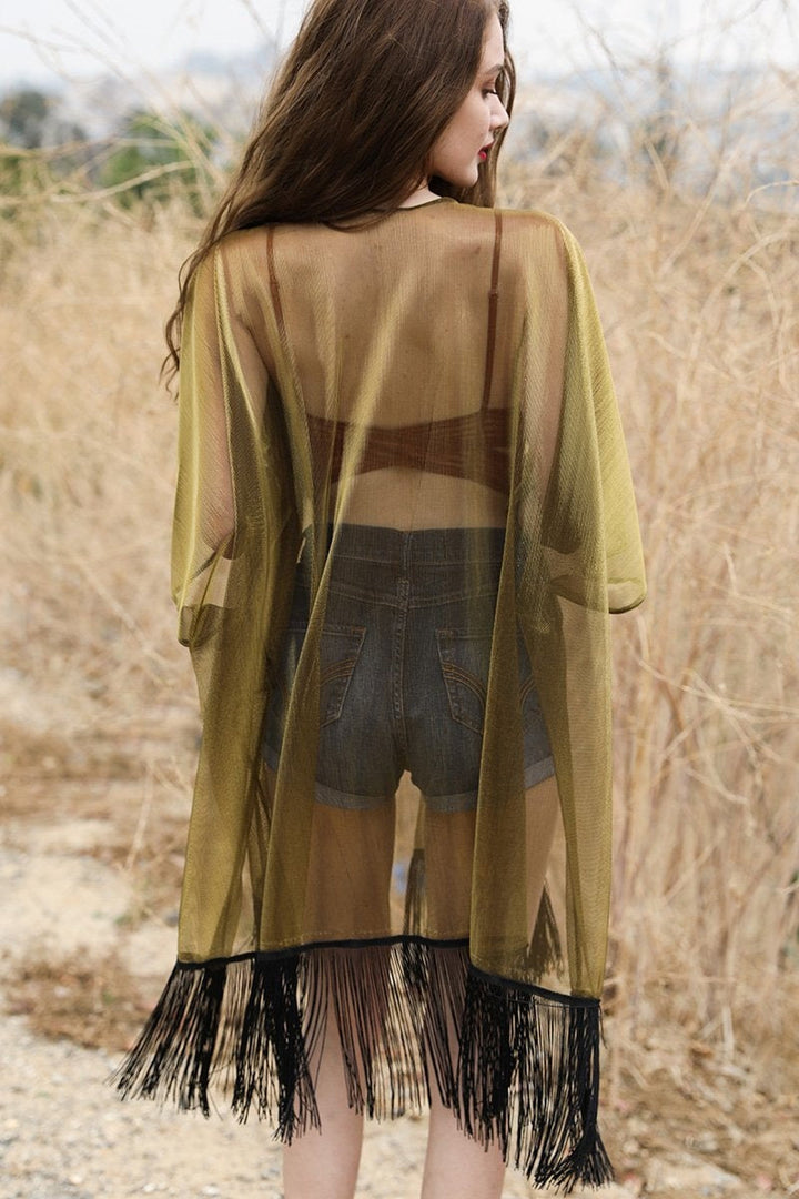 Sheer Metallic Tassel Kimono Ponchos