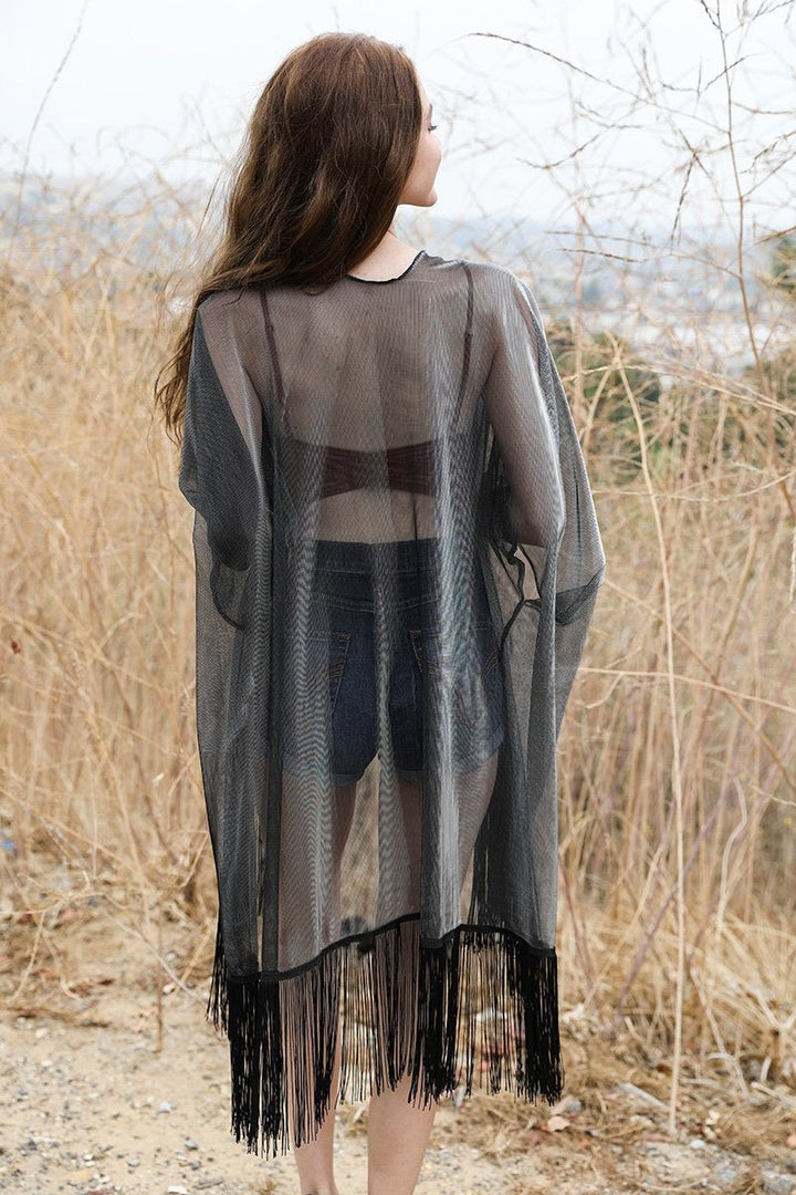 Sheer Metallic Tassel Kimono Ponchos