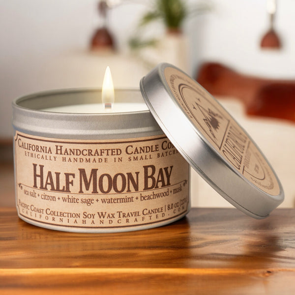 Half Moon Bay All-Natural Soy Wax Artisan Candle - Amber Jar or Travel Tin