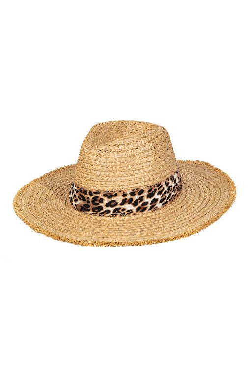 Leopard Band Flat Brim Straw Fedora Hat (CLEARANCE)